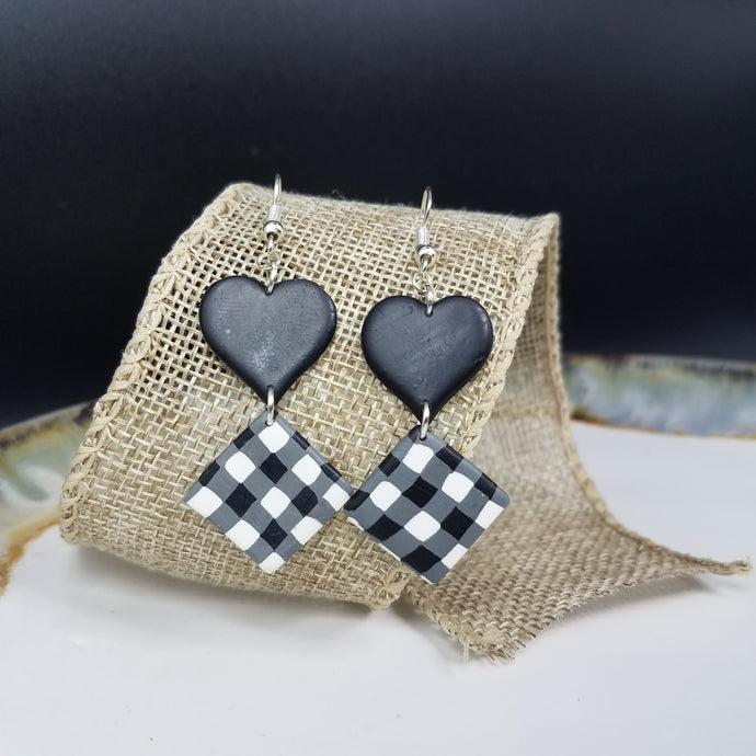 Double Heart & Rhombus Solid & Buffalo Plaid Pattern Black & White Dangle Handmade Earrings