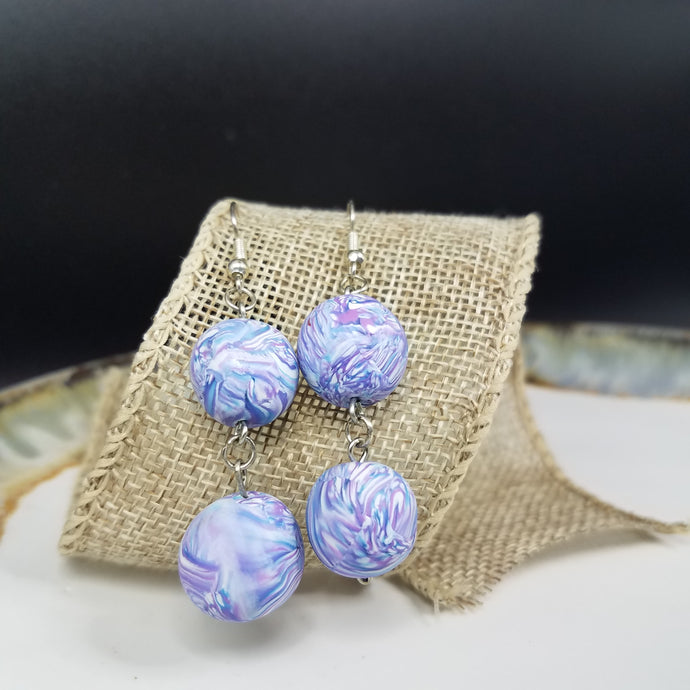 Double Bead Marble Pattern Blue & Purple & White Dangle Handmade Earrings