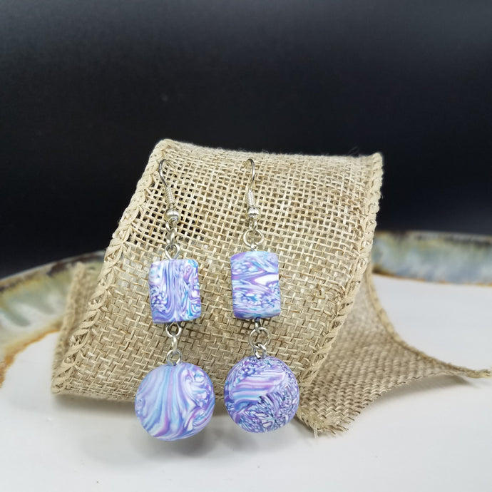Double Cube Bead Marble Pattern Blue & Purple & White Dangle Handmade Earrings