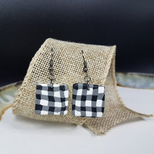 Load image into Gallery viewer, Square Buffalo Plaid Pattern Black &amp; White Dangle Handmade Earrings
