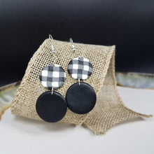 Load image into Gallery viewer, Double Circle Solid &amp; Buffalo Plaid Pattern Black &amp; White Dangle Handmade Earrings
