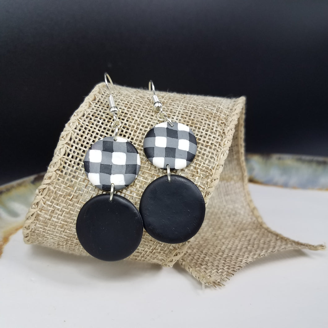 Double Circle Solid & Buffalo Plaid Pattern Black & White Dangle Handmade Earrings