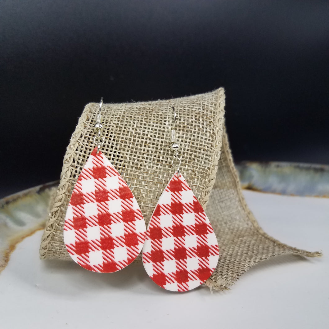Teardrop SS Buffalo Plaid Pattern White & Red  Handmade Dangle Earrings