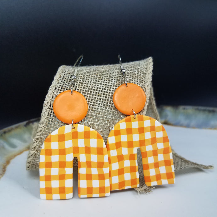 Double Circle & Arch Buffalo Plaid Pattern White & Orange Dangle Handmade Earrings