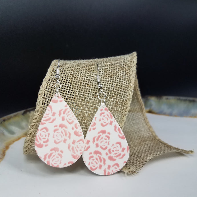 Teardrop Rose Pattern Pink & White Dangle Handmade Earrings