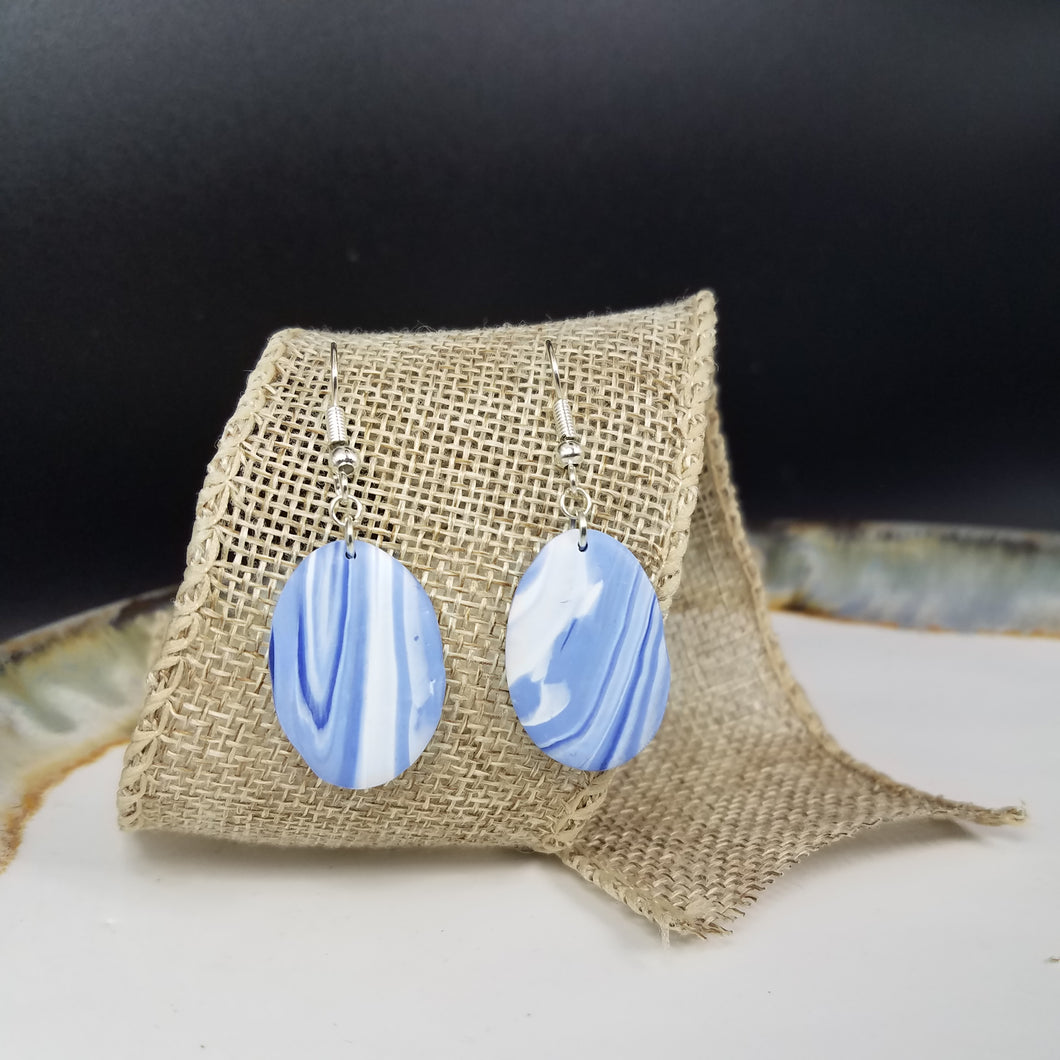 Oval Wave Pattern White & Navy Blue Dangle Handmade Earrings