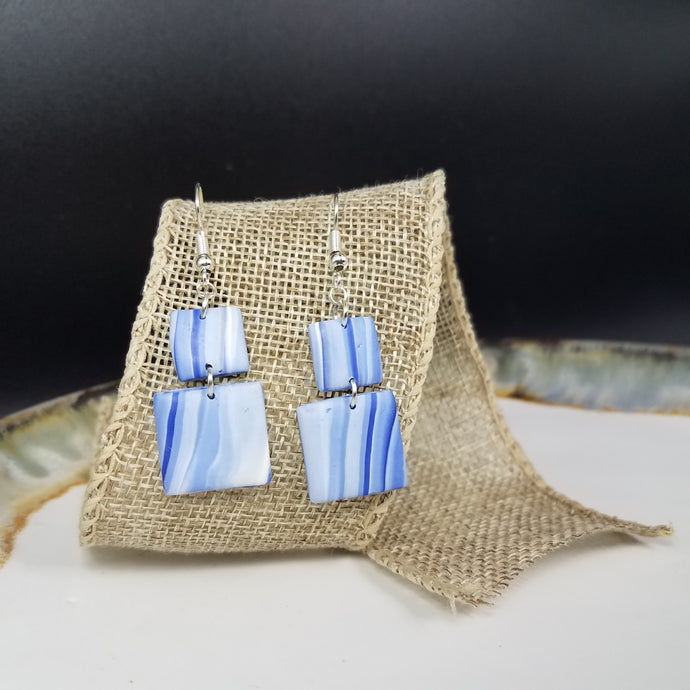 Double Square Wave Blue & White Dangle Handmade Earrings