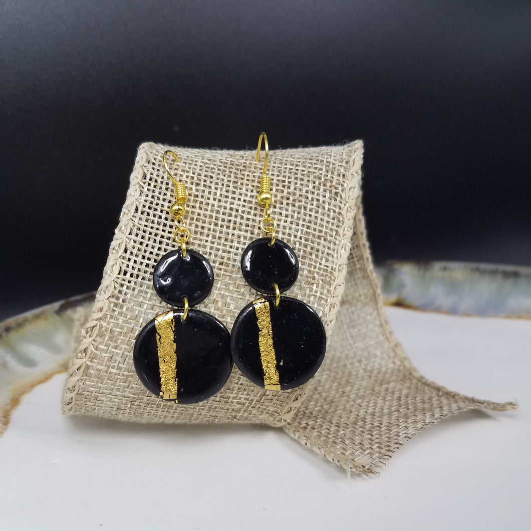 Double Circle Gold Stripe Pattern Black & Gold Dangle Handmade Earrings