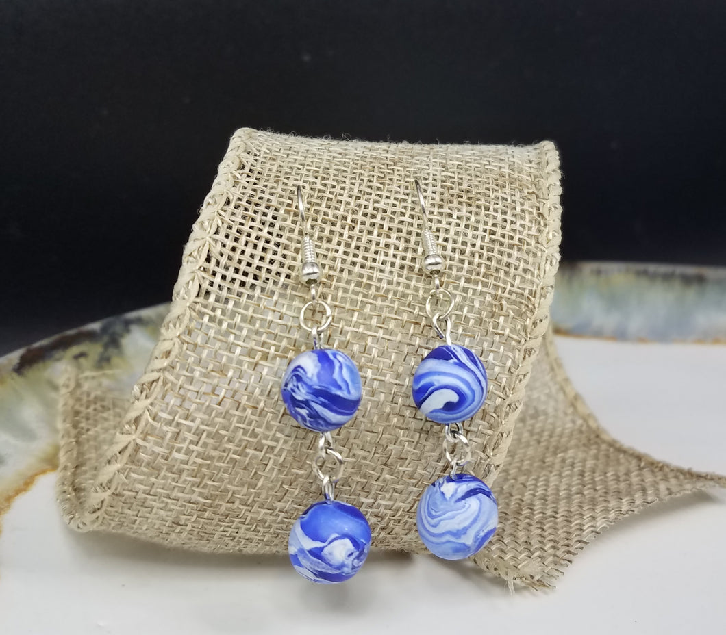 Double Bead Marble Pattern Blue & White Dangle Handmade Earrings