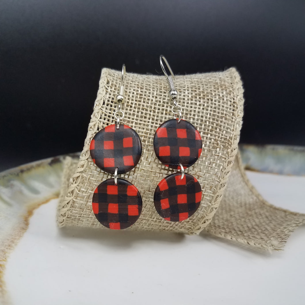 Double Circle Buffalo Plaid Pattern Black & Red Dangle Handmade Earrings