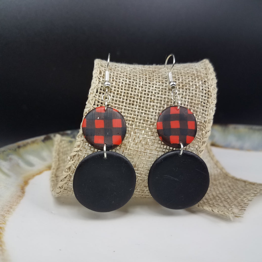 Double Circle Solid & Buffalo Plaid Pattern Black & Red Dangle Handmade Earrings