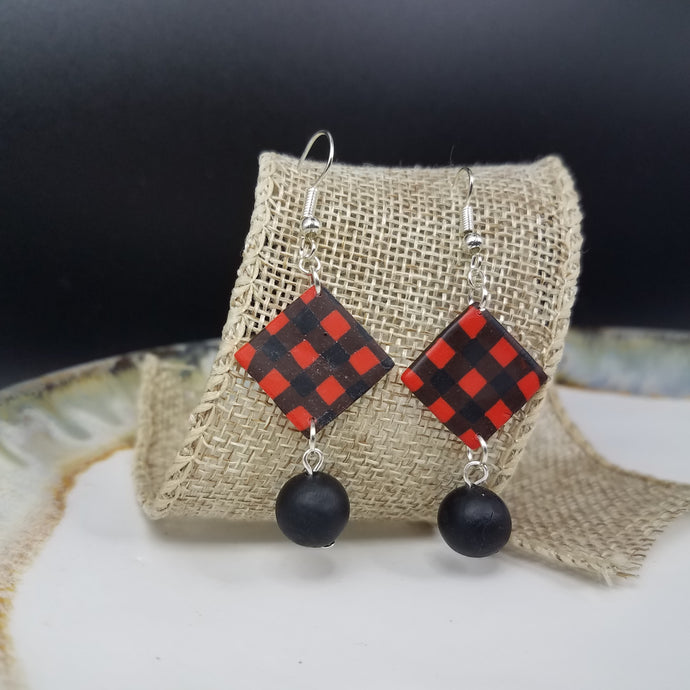 Double Rhombus & Bead Buffalo Plaid Pattern Black & Red Dangle Handmade Earrings