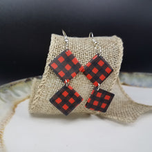 Load image into Gallery viewer, Double Rhombus Buffalo Plaid Pattern Black &amp; Red Dangle Handmade Earrings
