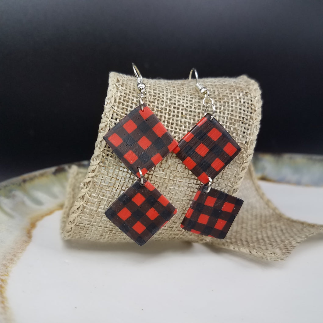 Double Rhombus Buffalo Plaid Pattern Black & Red Dangle Handmade Earrings