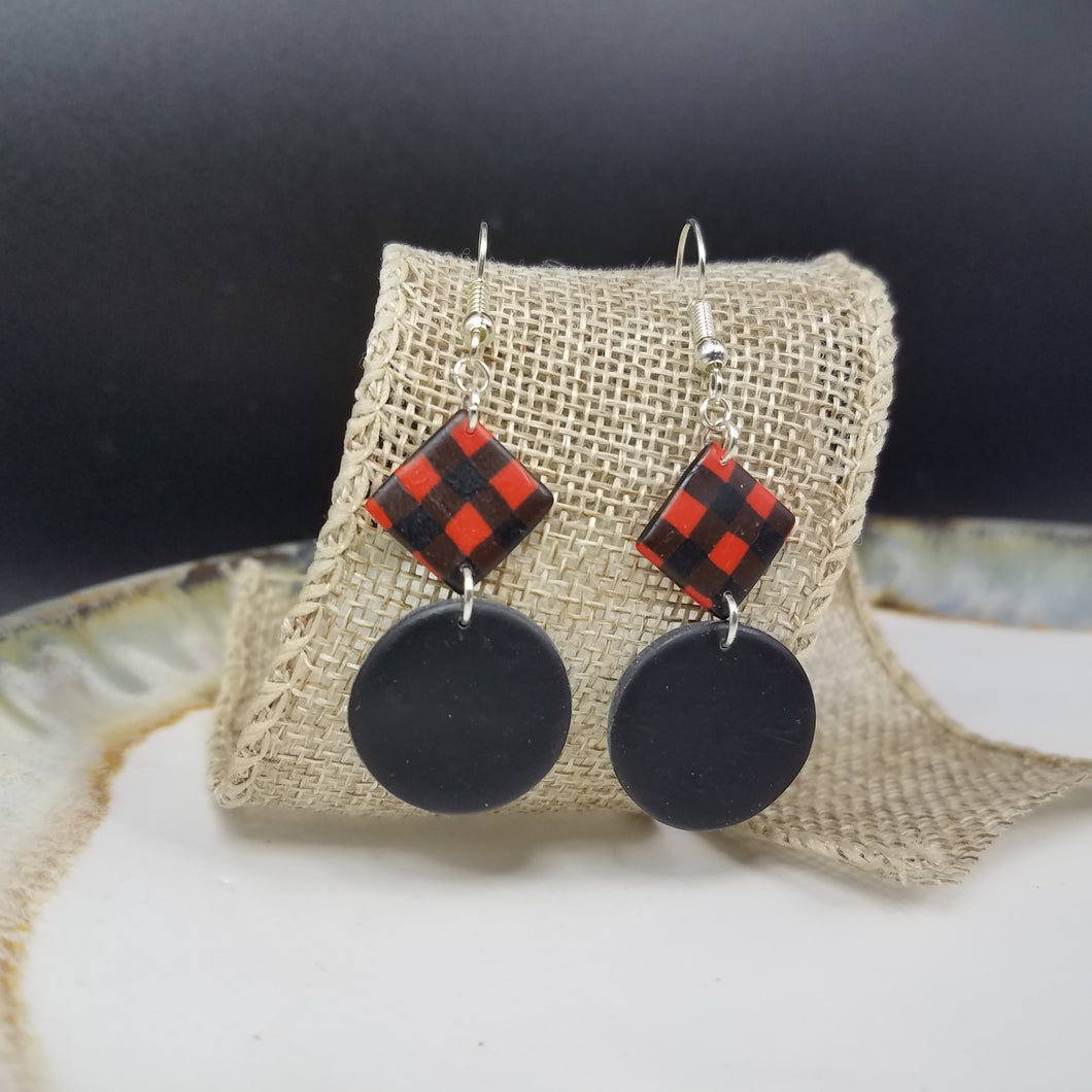 Double Circle & Rhombus Buffalo Plaid Pattern Black & Red Dangle Handmade Earrings