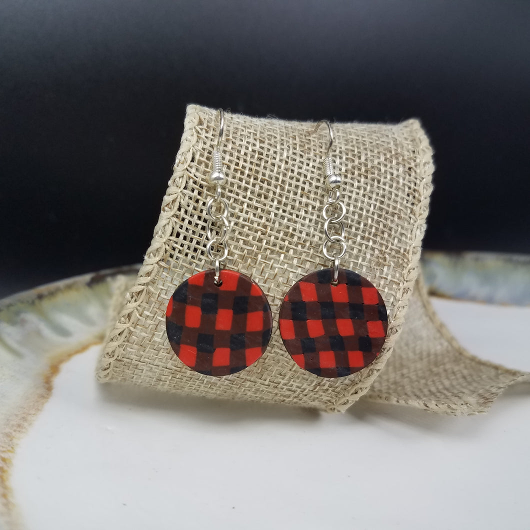 Circle Buffalo Plaid Pattern Black & Red Dangle Handmade Earrings