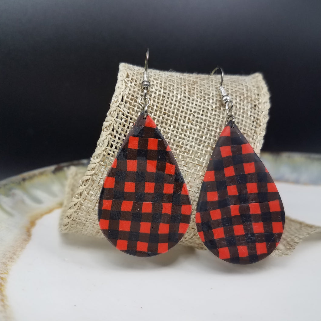 Teardrop Buffalo Plaid Pattern Black & Red Dangle Handmade Earrings