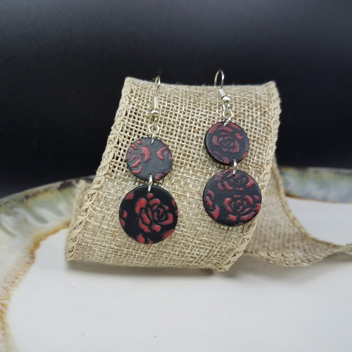 Double Circle Rose Pattern Black & Red Dangle Handmade Earrings