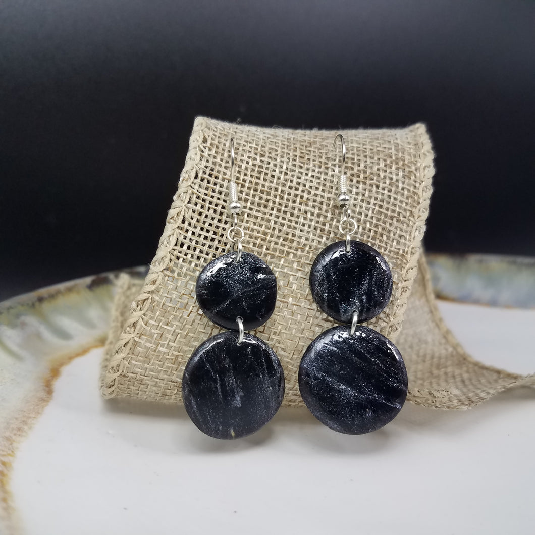 Double Circle Marble Pattern Black & Silver Dangle Handmade Earrings