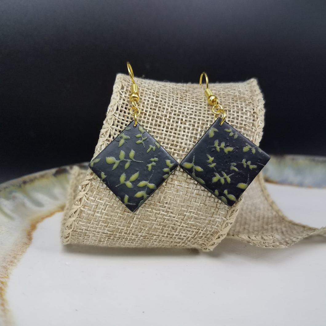 Rhombus Floral Leaf Pattern Black & Gold Dangle Handmade Earrings