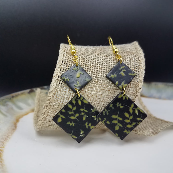 Double S&L Rhombus Floral Leaf Pattern Black & Gold Dangle Handmade Earrings