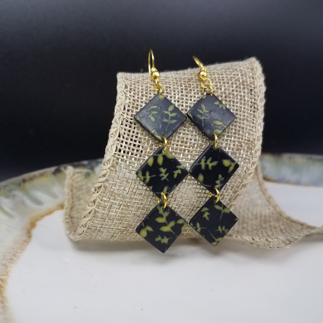 Triple Rhombus Floral Leaf Pattern Black & Gold Dangle Handmade Earrings