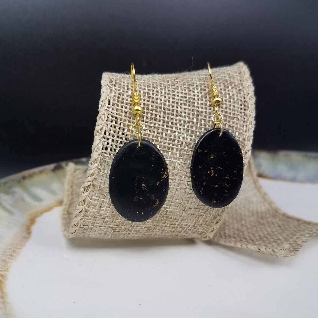 Oval Speckled Pattern Black & Gold Dangle Handmade Earrings