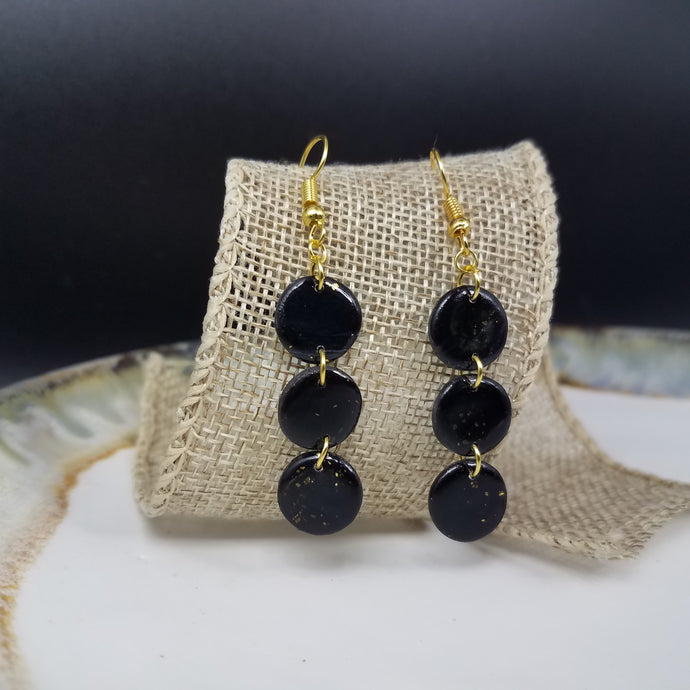 Triple Circle Speckled Pattern Black & Gold Dangle Handmade Earrings