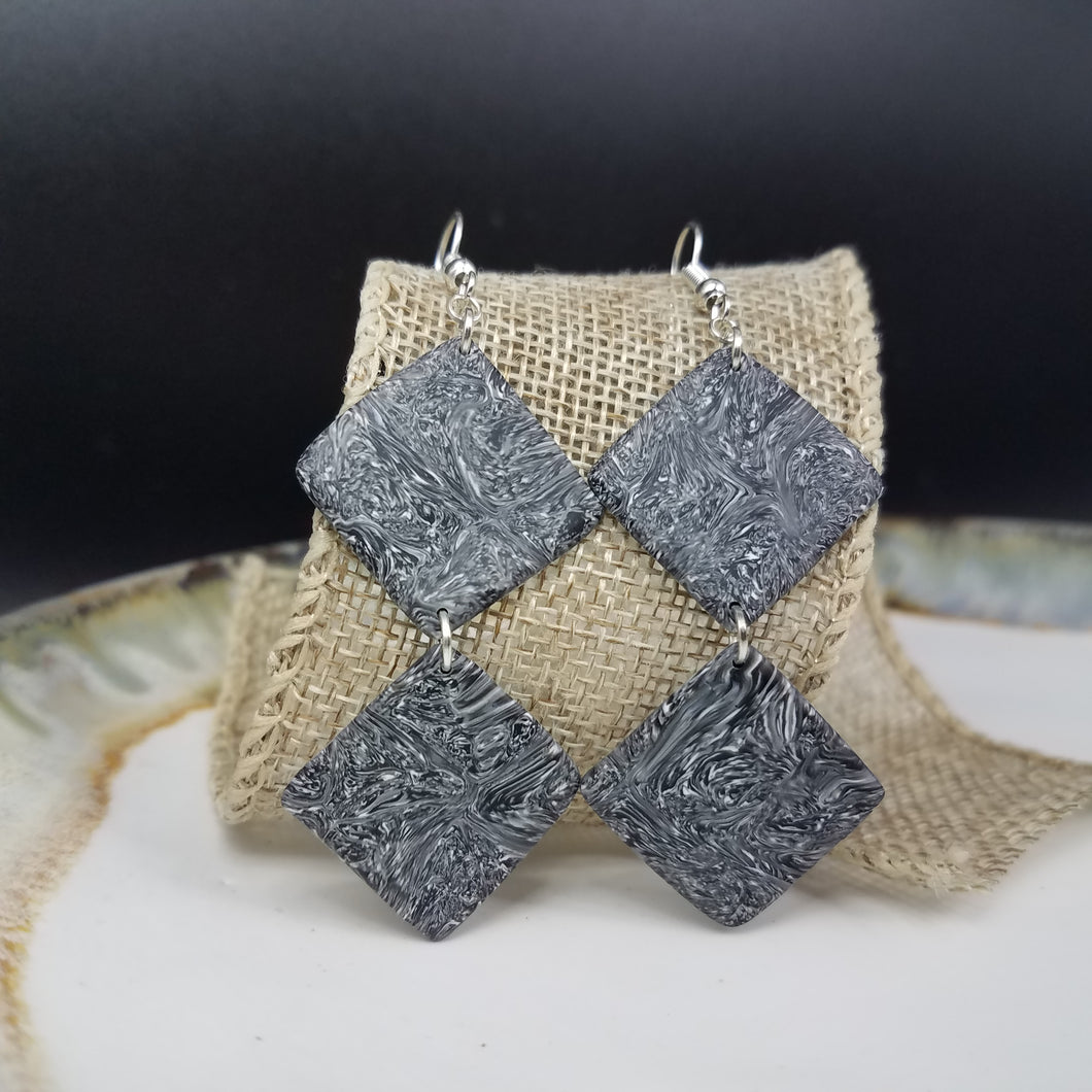 Double Rhombus Abstract Gray & Black &  White Dangle Handmade Earrings