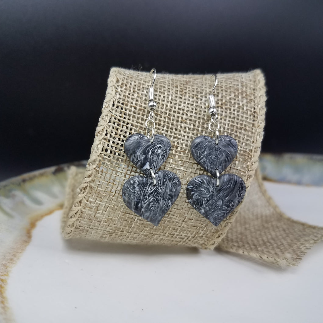 Double Heart Abstract Gray & Black &  White Dangle Handmade Earrings