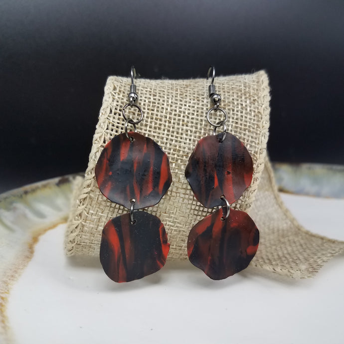 Double Petal Wave Pattern Black & Red Dangle Handmade Earrings