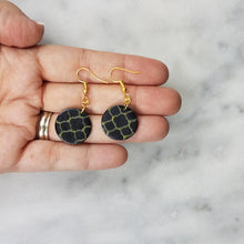Load image into Gallery viewer, Circle Quatrefoil Pattern Black &amp; Gold Dangle Handmade Earrings
