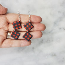 Load image into Gallery viewer, Double Rhombus Buffalo Plaid Pattern Black &amp; Red Dangle Handmade Earrings

