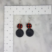 Load image into Gallery viewer, Double Circle Solid &amp; Buffalo Plaid Pattern Black &amp; Red Dangle Handmade Earrings
