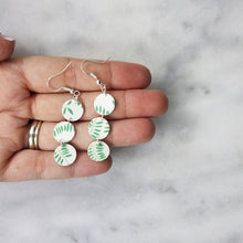 Load image into Gallery viewer, Triple Circle Leaf Pattern White &amp; Green Dangle Handmade Earrings
