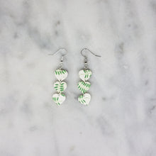 Load image into Gallery viewer, Triple Heart Leaf Pattern White &amp; Green Dangle Handmade Earrings
