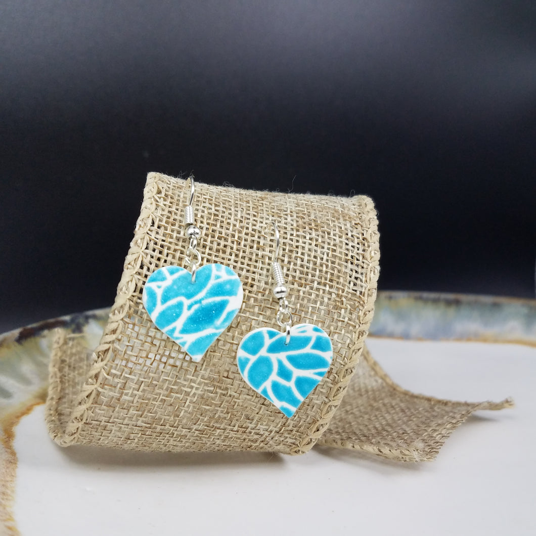 Heart (M) Floral Pattern Blue & White Dangle Handmade Earrings