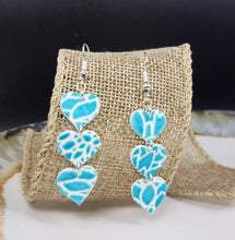 Load image into Gallery viewer, Triple Heart Floral Pattern Blue &amp; White Dangle Handmade Earrings
