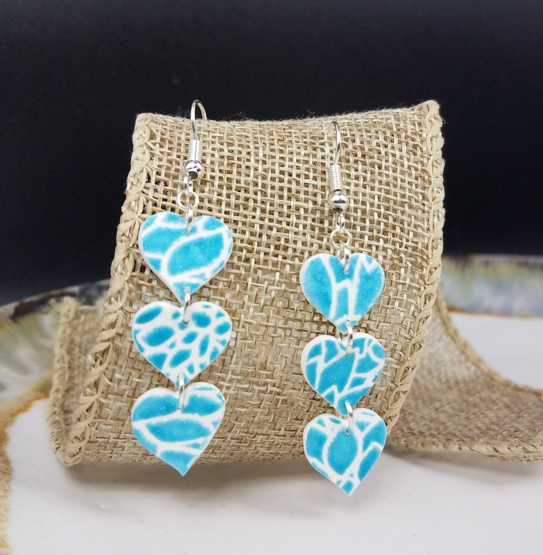 Triple Heart Floral Pattern Blue & White Dangle Handmade Earrings
