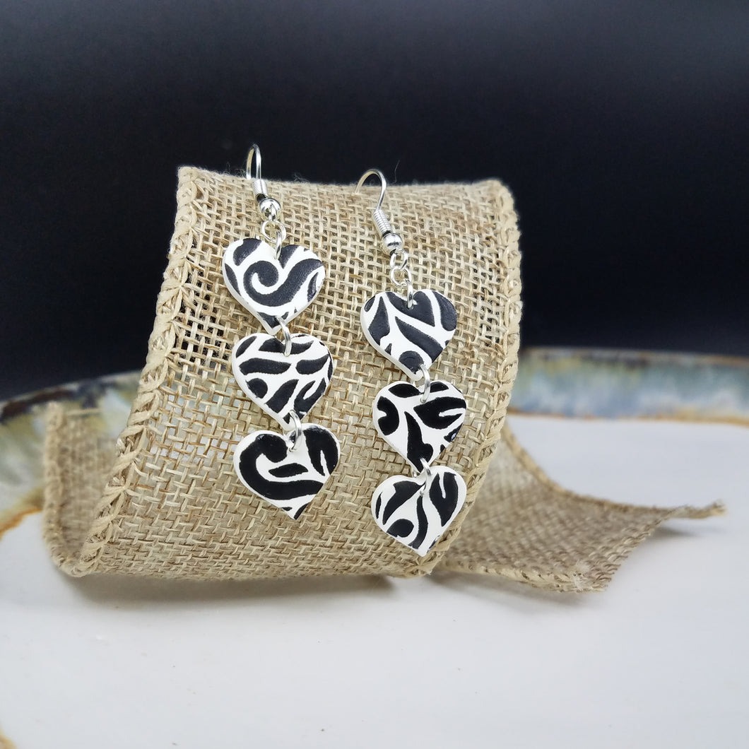 Triple Heart Floral Abstract Pattern Black & White Dangle Handmade Earrings