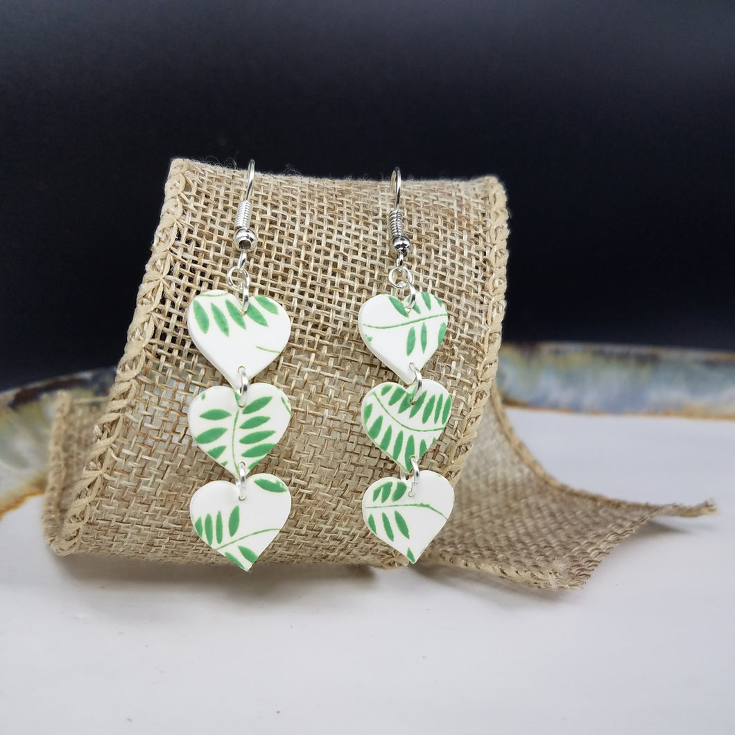 Triple Heart Leaf Pattern White & Green Dangle Handmade Earrings