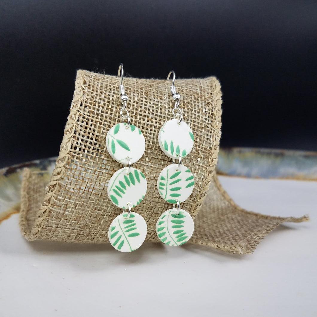 Triple Circle Leaf Pattern White & Green Dangle Handmade Earrings