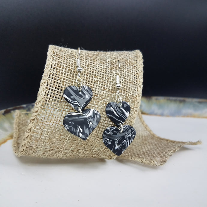 Double Heart Marble Pattern Black & Gray & White Dangle Handmade Earrings