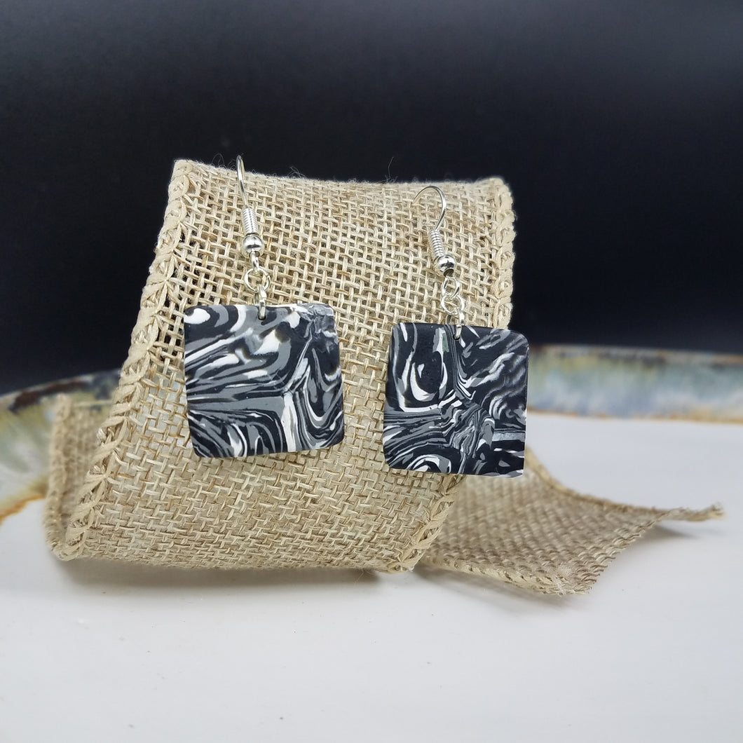 Square Marble Pattern Black & Gray & White Dangle Handmade Earrings