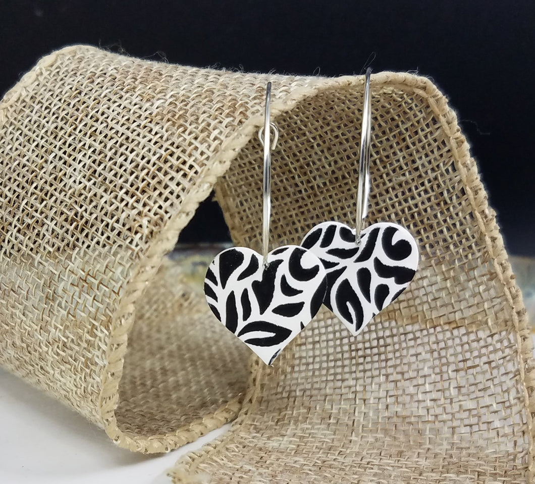Heart Floral Abstract Pattern Black & White Hoop Dangle Handmade Earrings