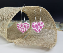 Load image into Gallery viewer, Heart Floral Pattern Pink &amp; Purple Hoop Dangle Handmade Earrings
