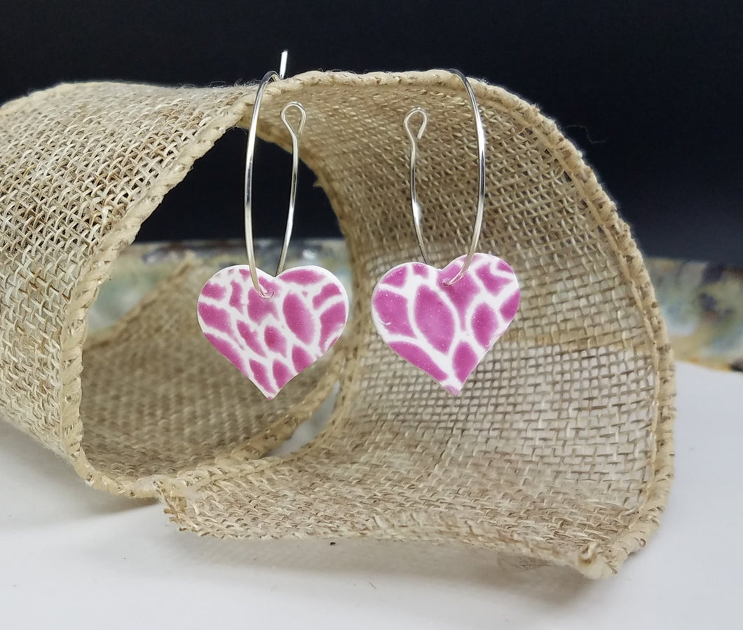 Heart Floral Pattern Pink & Purple Hoop Dangle Handmade Earrings