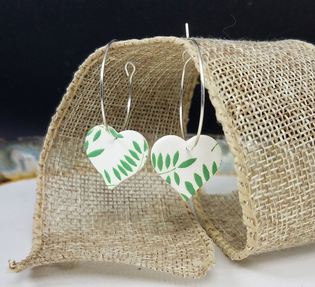 Heart Leaf Pattern Green & White Hoop Dangle Handmade Earrings