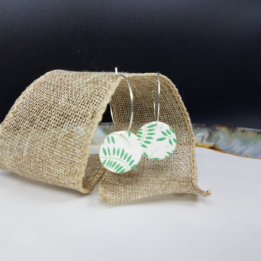 Circle Leaf Pattern Green & White Hoop Dangle Handmade Earrings