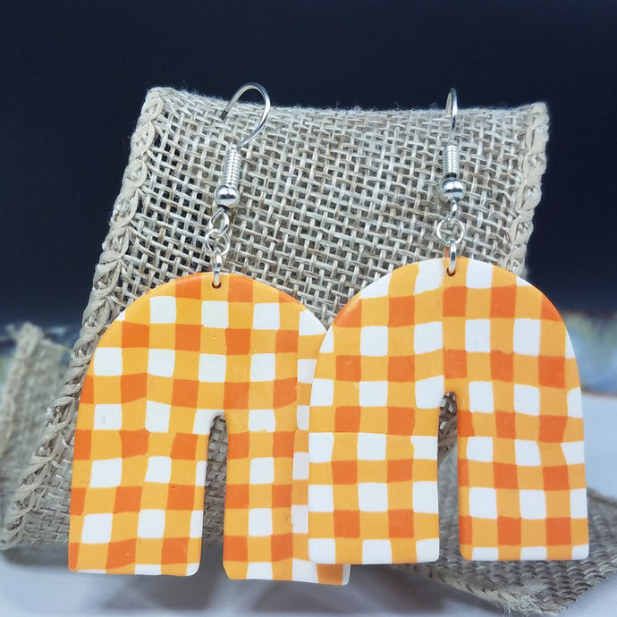 Arch Buffalo Plaid Orange & White Dangle Handmade Earrings